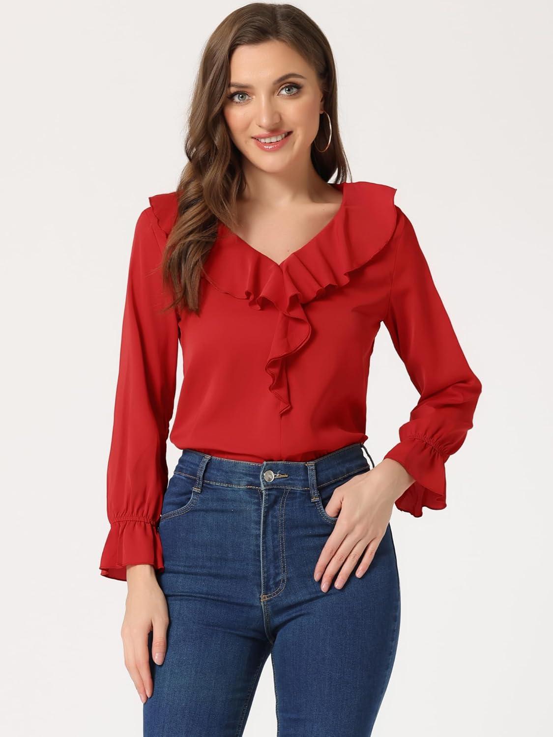 imageAllegra K Womens Ruffle Blouse for Business Work Elegant V Neck Long Sleeve Casual Dressy TopRed