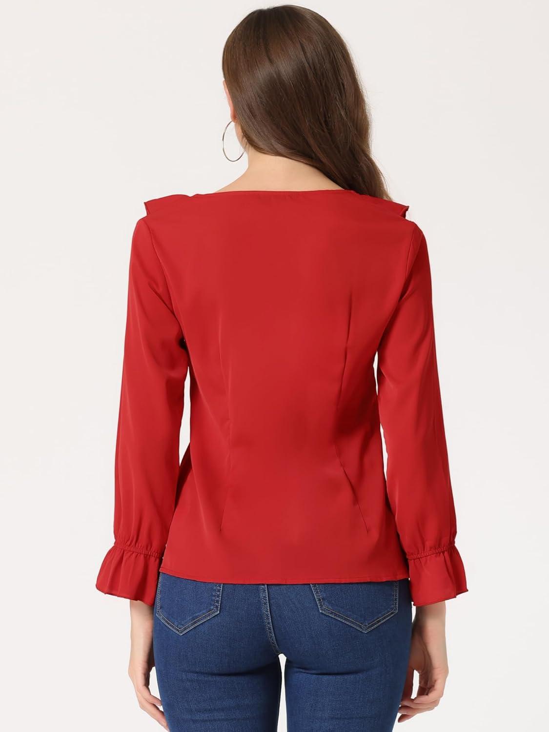 imageAllegra K Womens Ruffle Blouse for Business Work Elegant V Neck Long Sleeve Casual Dressy TopRed