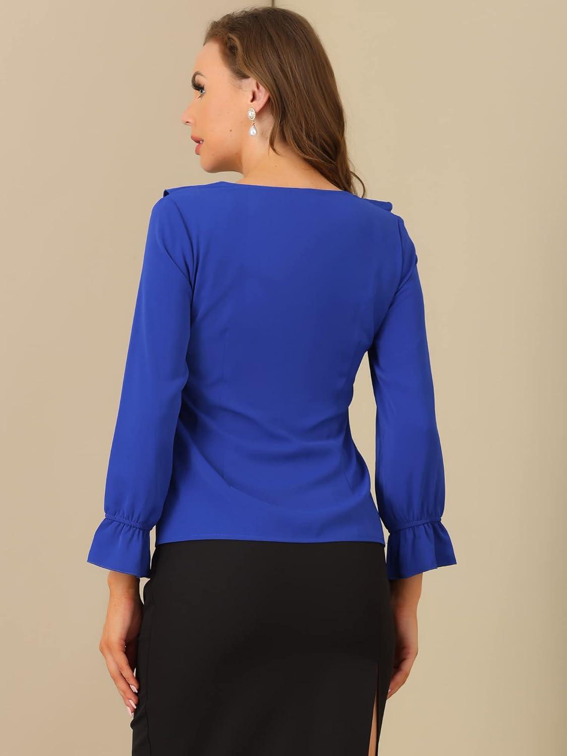 imageAllegra K Womens Ruffle Blouse for Business Work Elegant V Neck Long Sleeve Casual Dressy TopRoyal Blue