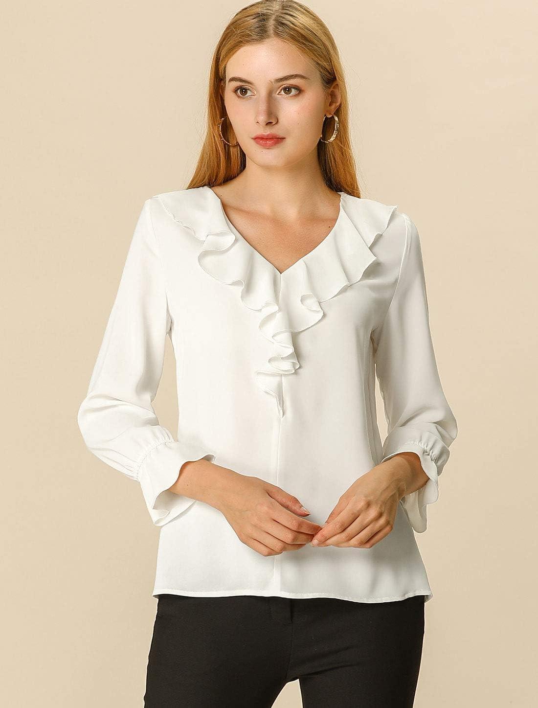 imageAllegra K Womens Ruffle Blouse for Business Work Elegant V Neck Long Sleeve Casual Dressy TopWhite