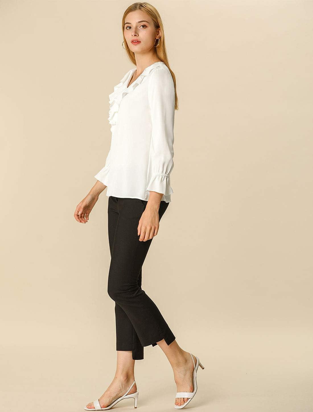 imageAllegra K Womens Ruffle Blouse for Business Work Elegant V Neck Long Sleeve Casual Dressy TopWhite