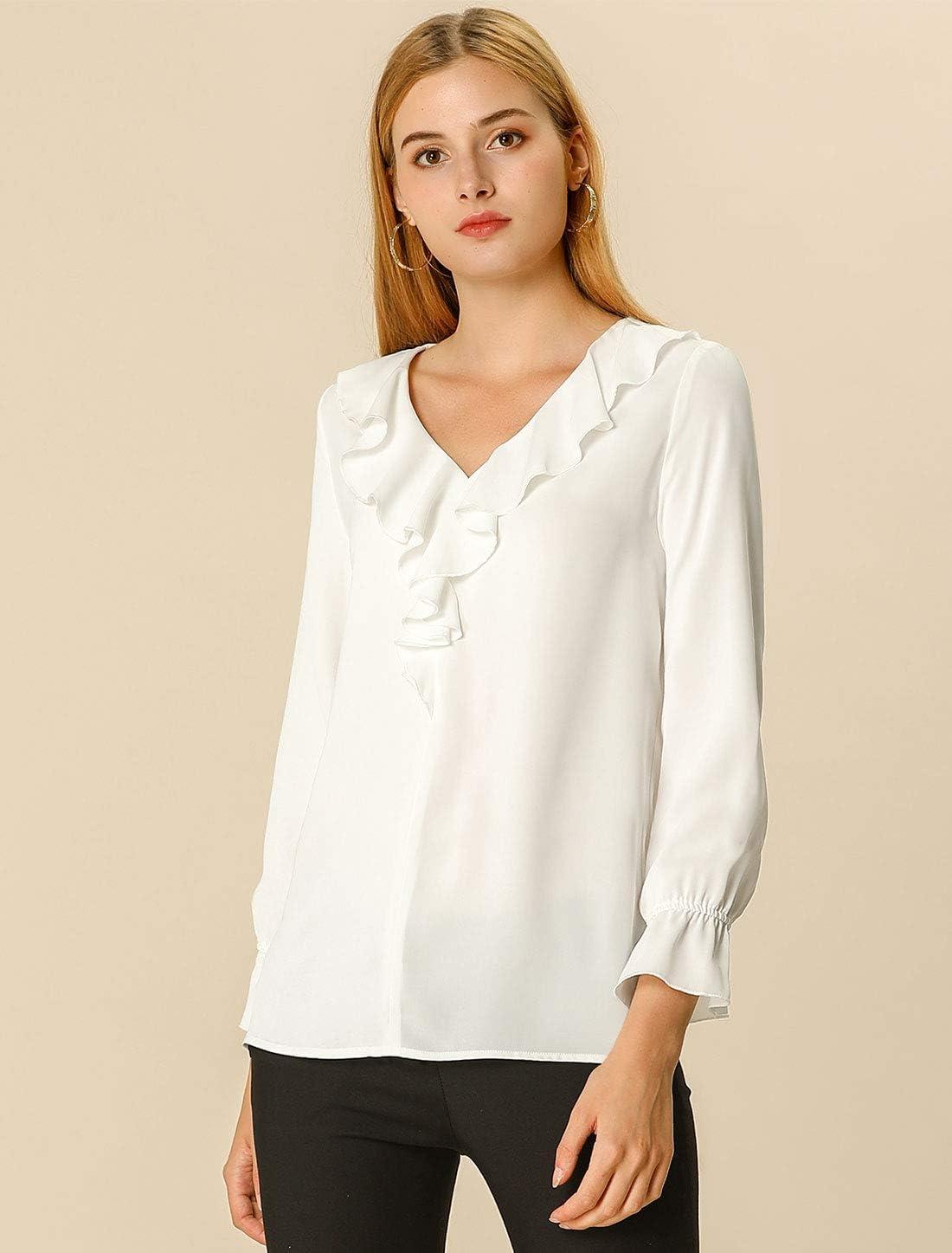 imageAllegra K Womens Ruffle Blouse for Business Work Elegant V Neck Long Sleeve Casual Dressy TopWhite