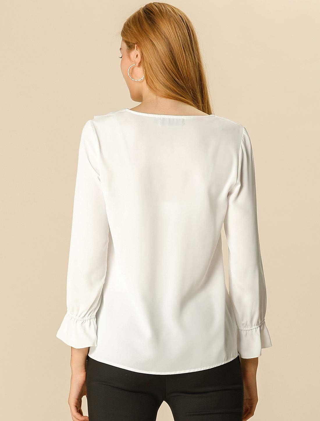 imageAllegra K Womens Ruffle Blouse for Business Work Elegant V Neck Long Sleeve Casual Dressy TopWhite