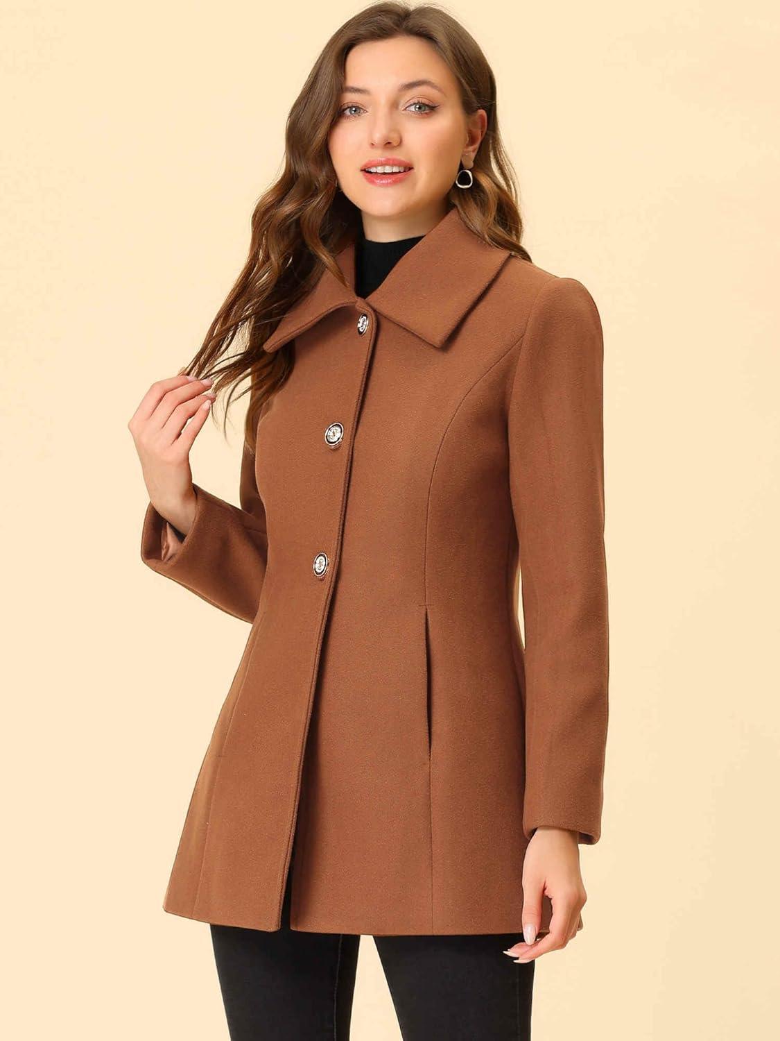 imageAllegra K Womens Single Breasted Turndown Collar Overcoat Vintage Winter Dress Coat with PocketsBrown
