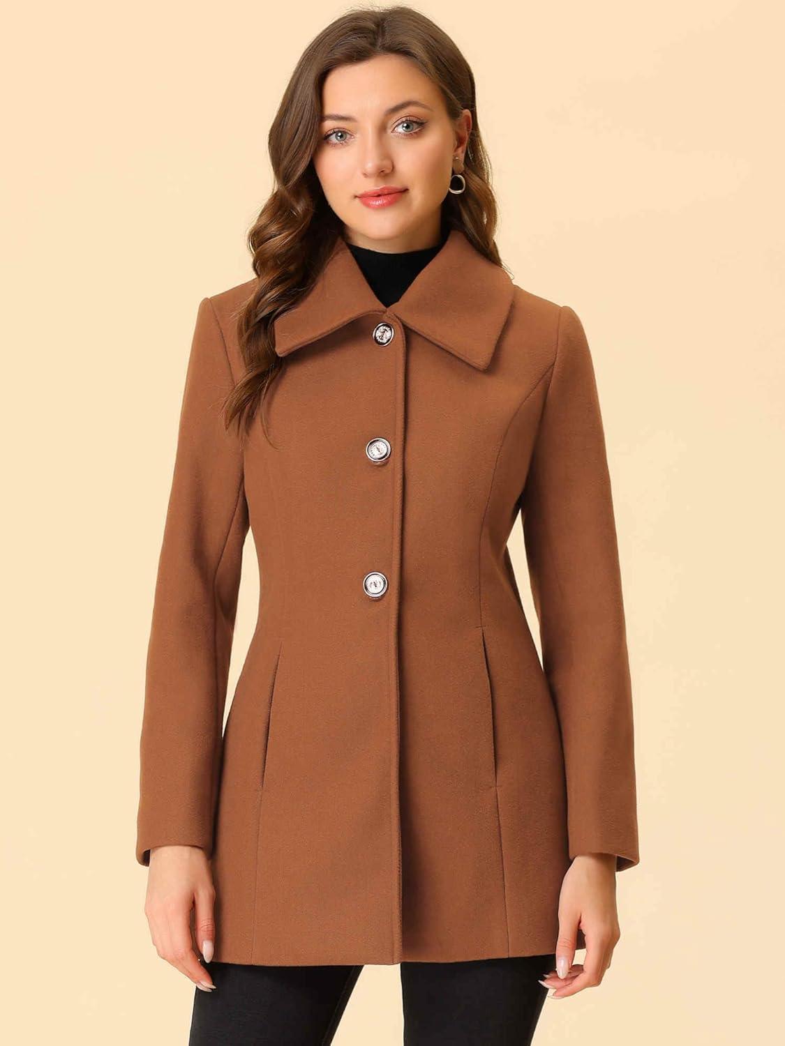 imageAllegra K Womens Single Breasted Turndown Collar Overcoat Vintage Winter Dress Coat with PocketsBrown