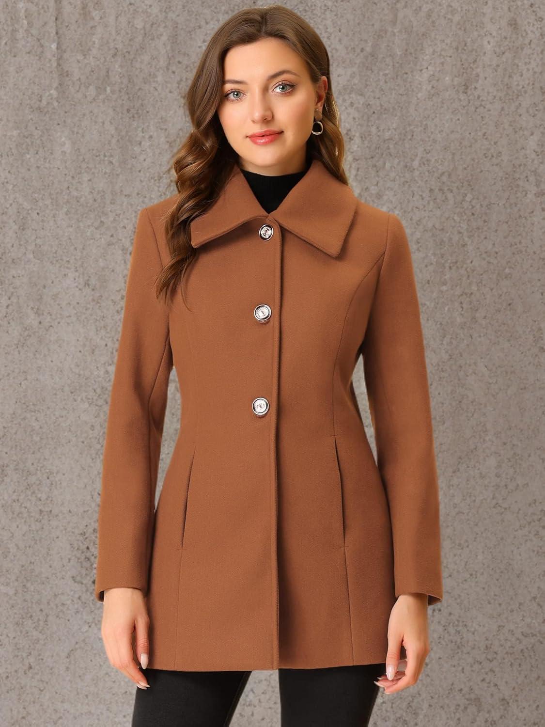 imageAllegra K Womens Single Breasted Turndown Collar Overcoat Vintage Winter Dress Coat with PocketsBrown
