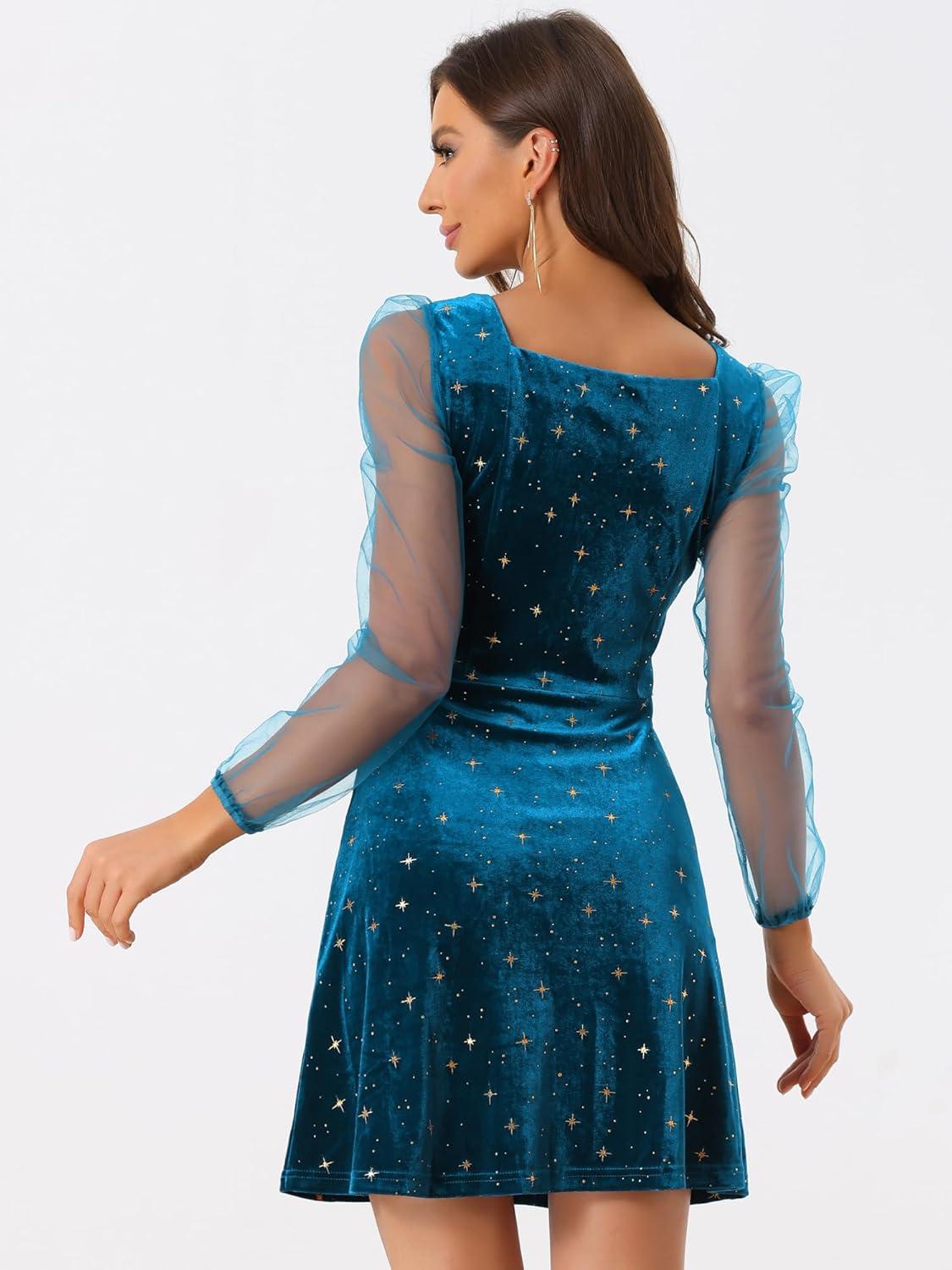 imageAllegra K Womens Sparkly Glitter Velvet Mesh Sheer Sleeve Star Metallic DressDark Blue