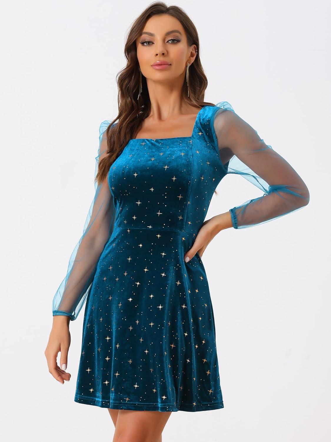 imageAllegra K Womens Sparkly Glitter Velvet Mesh Sheer Sleeve Star Metallic DressDark Blue