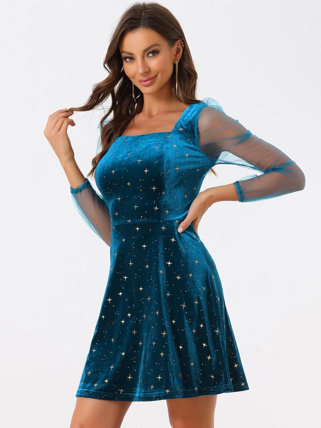 imageAllegra K Womens Sparkly Glitter Velvet Mesh Sheer Sleeve Star Metallic DressDark Blue