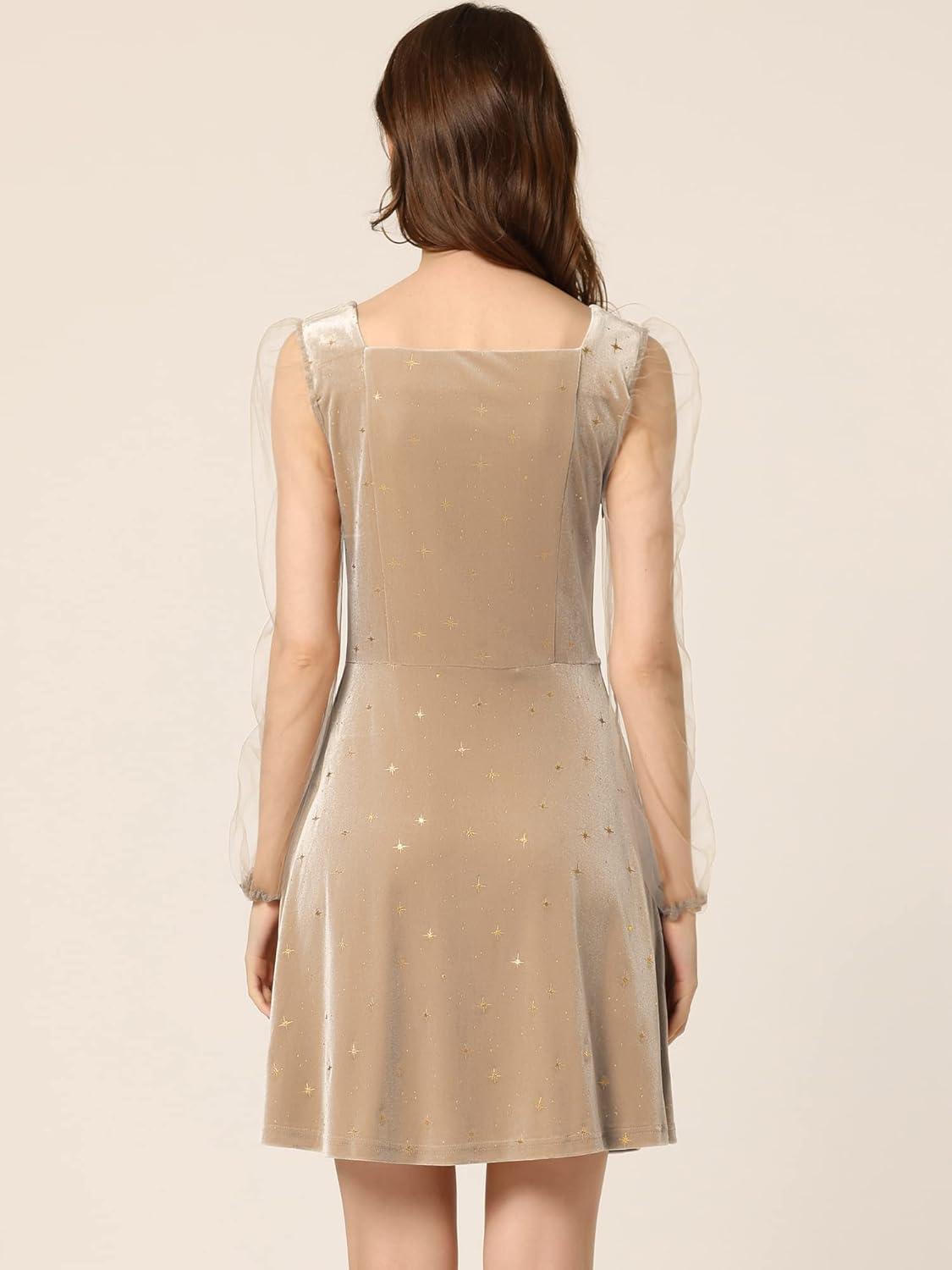 imageAllegra K Womens Sparkly Glitter Velvet Mesh Sheer Sleeve Star Metallic DressDark Khaki