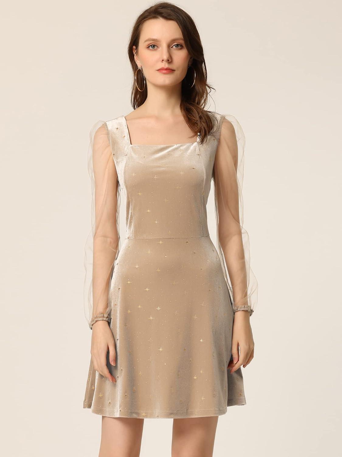 imageAllegra K Womens Sparkly Glitter Velvet Mesh Sheer Sleeve Star Metallic DressDark Khaki