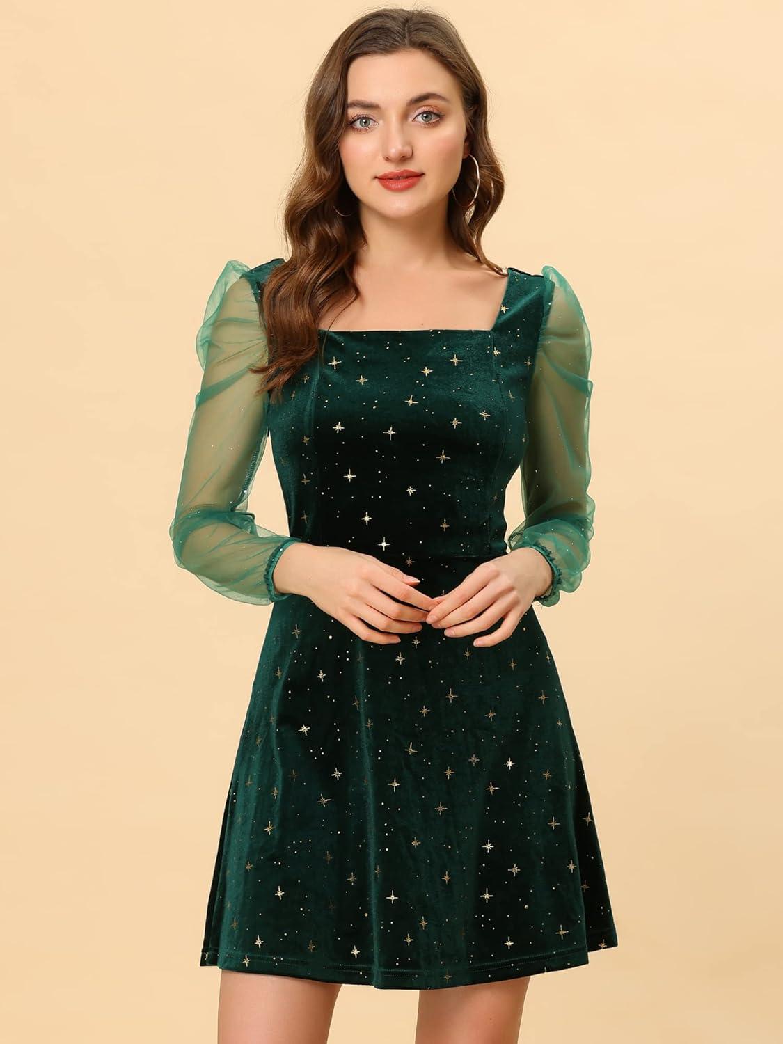 imageAllegra K Womens Sparkly Glitter Velvet Mesh Sheer Sleeve Star Metallic DressGreen