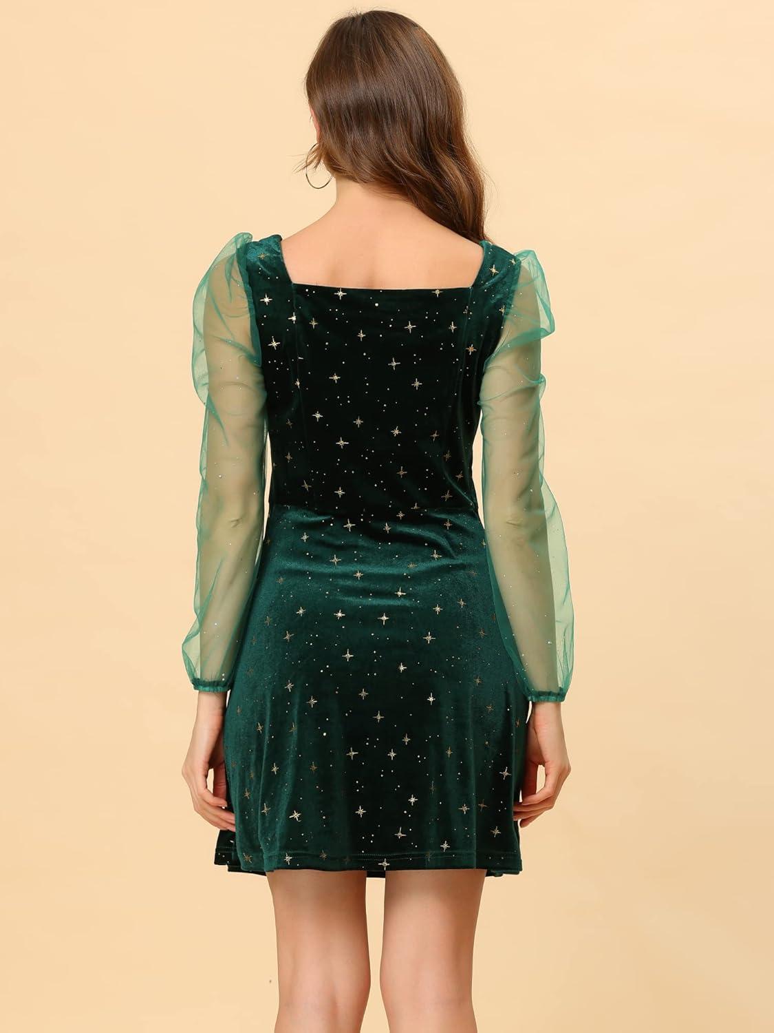 imageAllegra K Womens Sparkly Glitter Velvet Mesh Sheer Sleeve Star Metallic DressGreen