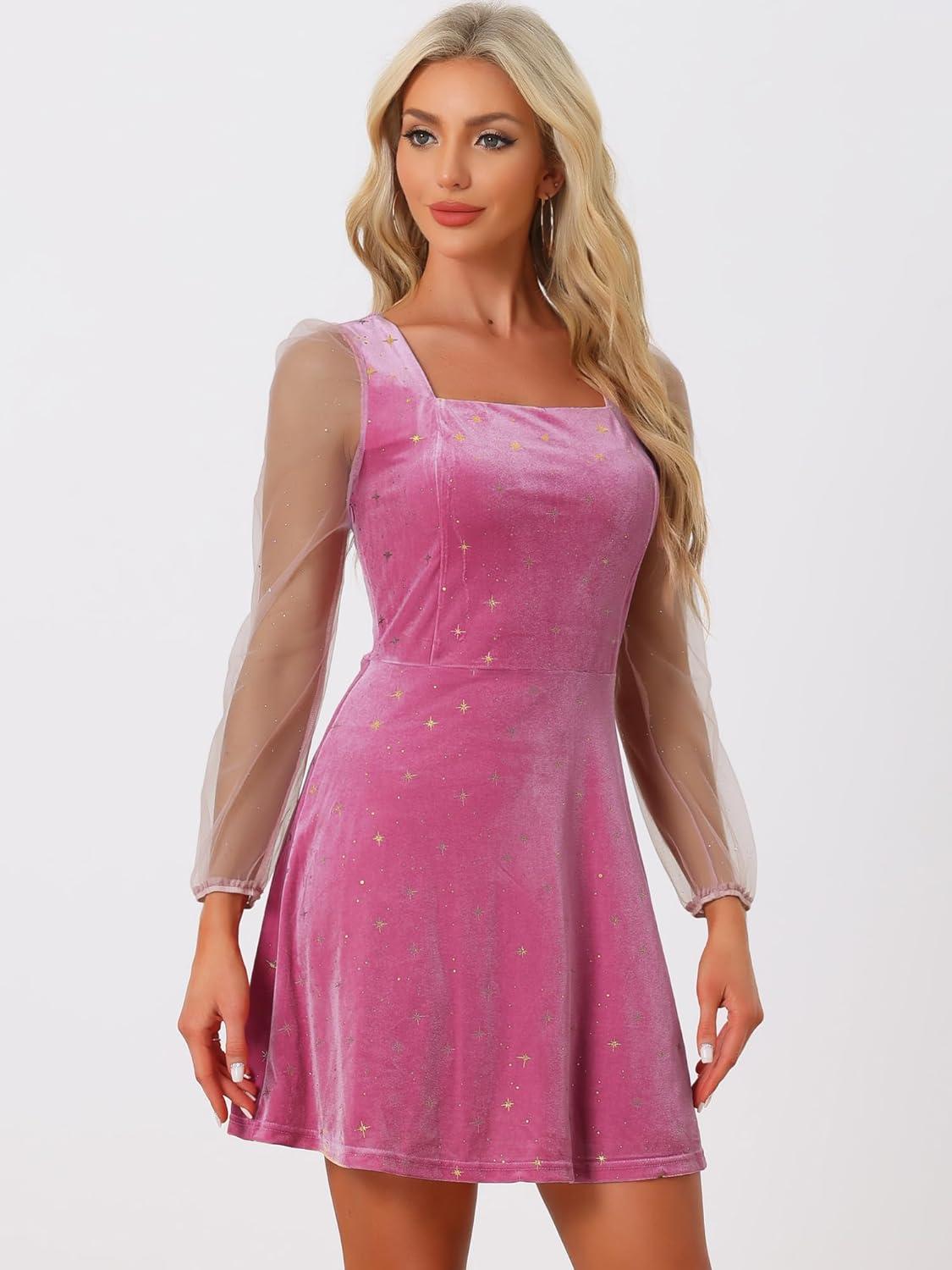 imageAllegra K Womens Sparkly Glitter Velvet Mesh Sheer Sleeve Star Metallic DressHot Pink