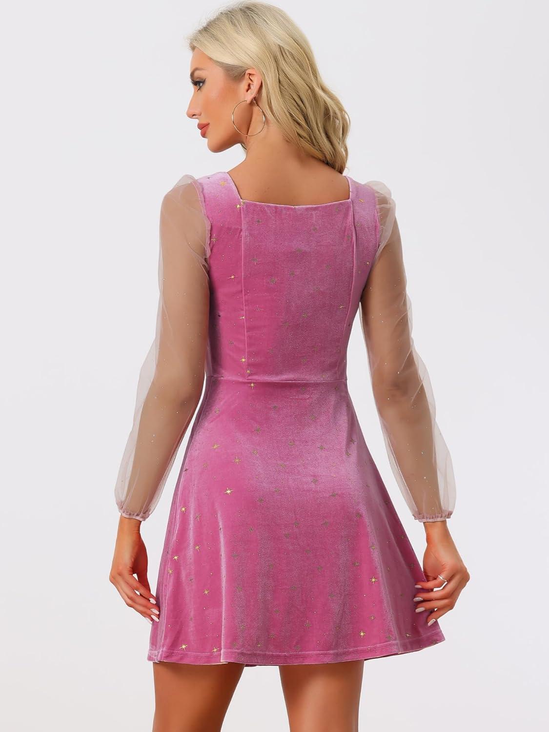 imageAllegra K Womens Sparkly Glitter Velvet Mesh Sheer Sleeve Star Metallic DressHot Pink