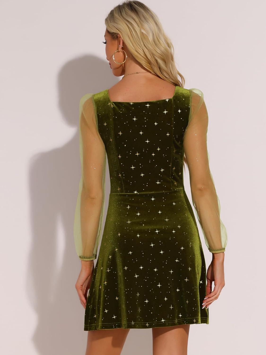 imageAllegra K Womens Sparkly Glitter Velvet Mesh Sheer Sleeve Star Metallic DressOlive Green