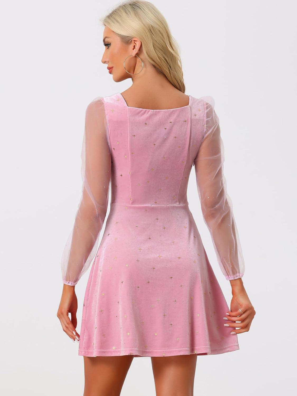 imageAllegra K Womens Sparkly Glitter Velvet Mesh Sheer Sleeve Star Metallic DressPink