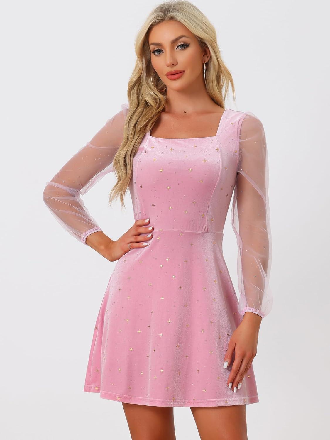 imageAllegra K Womens Sparkly Glitter Velvet Mesh Sheer Sleeve Star Metallic DressPink