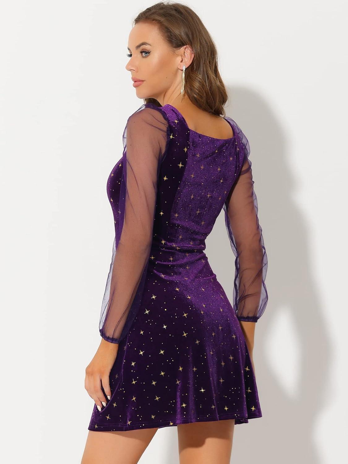 imageAllegra K Womens Sparkly Glitter Velvet Mesh Sheer Sleeve Star Metallic DressPurple