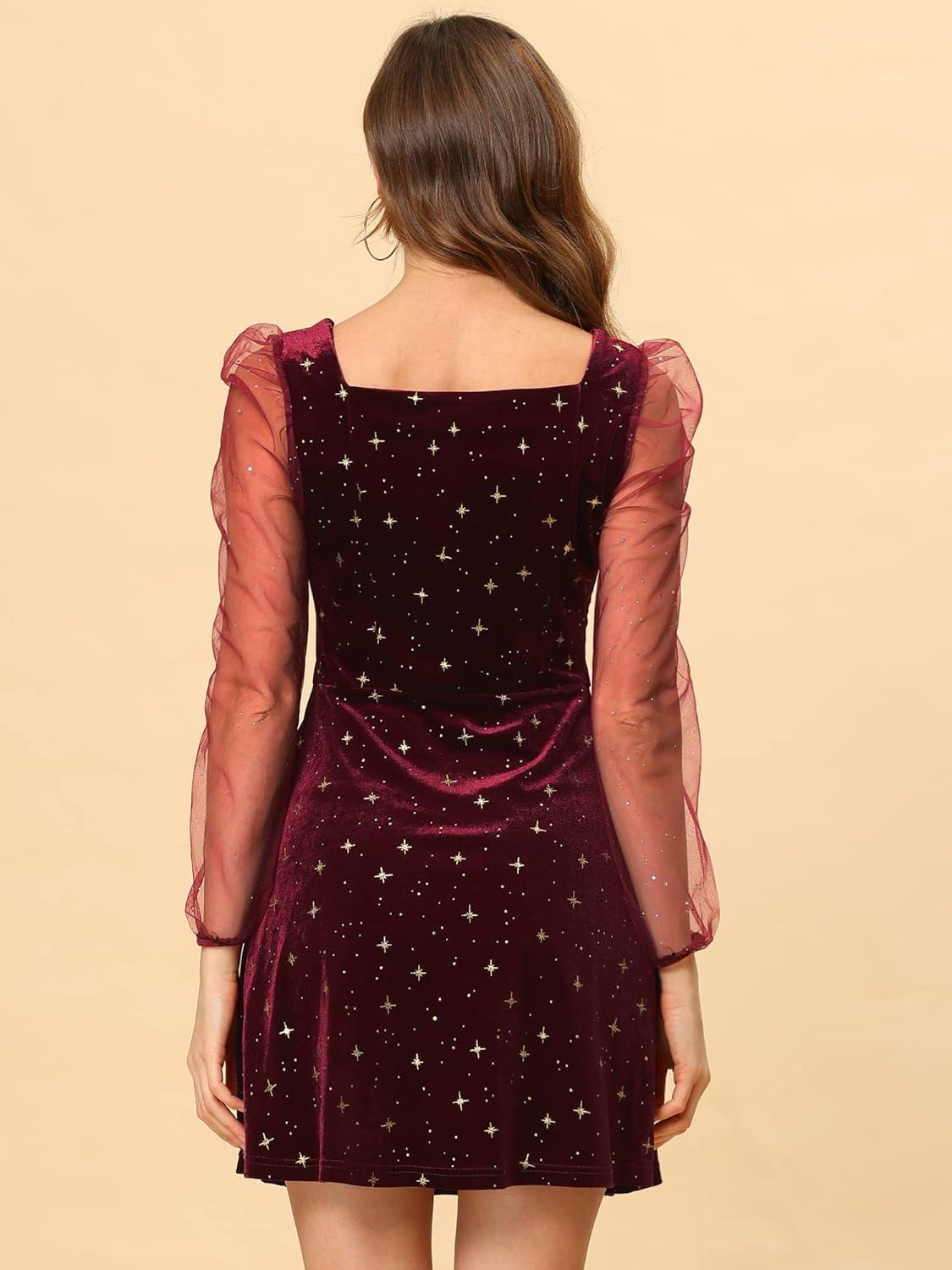 imageAllegra K Womens Sparkly Glitter Velvet Mesh Sheer Sleeve Star Metallic DressRed