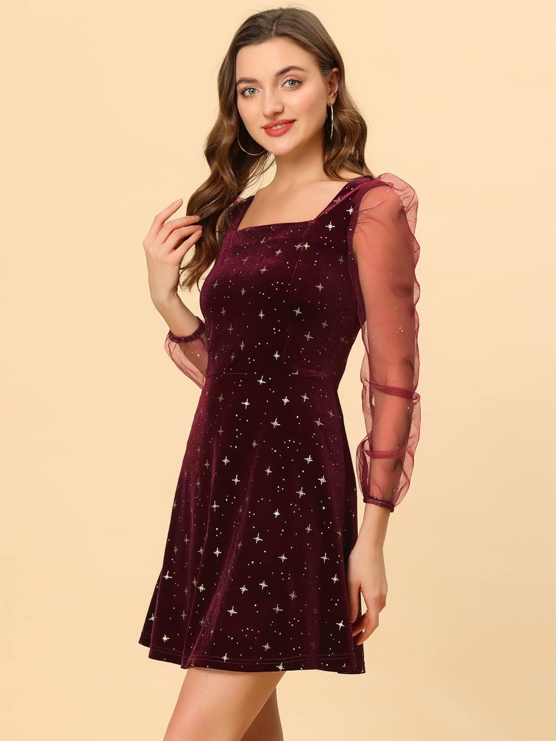 imageAllegra K Womens Sparkly Glitter Velvet Mesh Sheer Sleeve Star Metallic DressRed