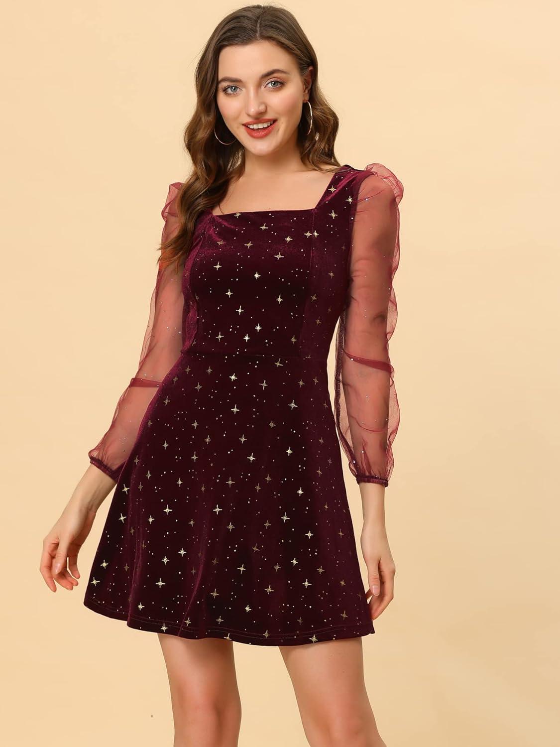 imageAllegra K Womens Sparkly Glitter Velvet Mesh Sheer Sleeve Star Metallic DressRed