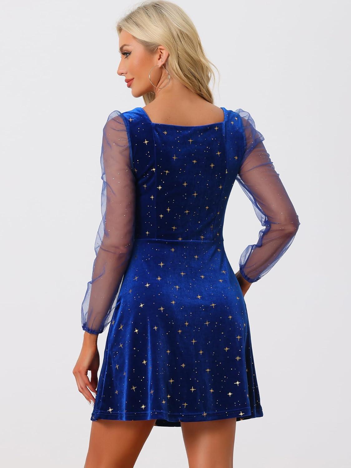 imageAllegra K Womens Sparkly Glitter Velvet Mesh Sheer Sleeve Star Metallic DressRoyal Blue
