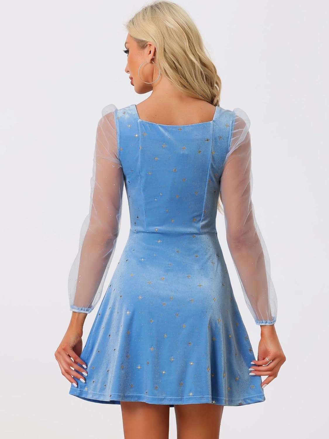 imageAllegra K Womens Sparkly Glitter Velvet Mesh Sheer Sleeve Star Metallic DressSky Blue