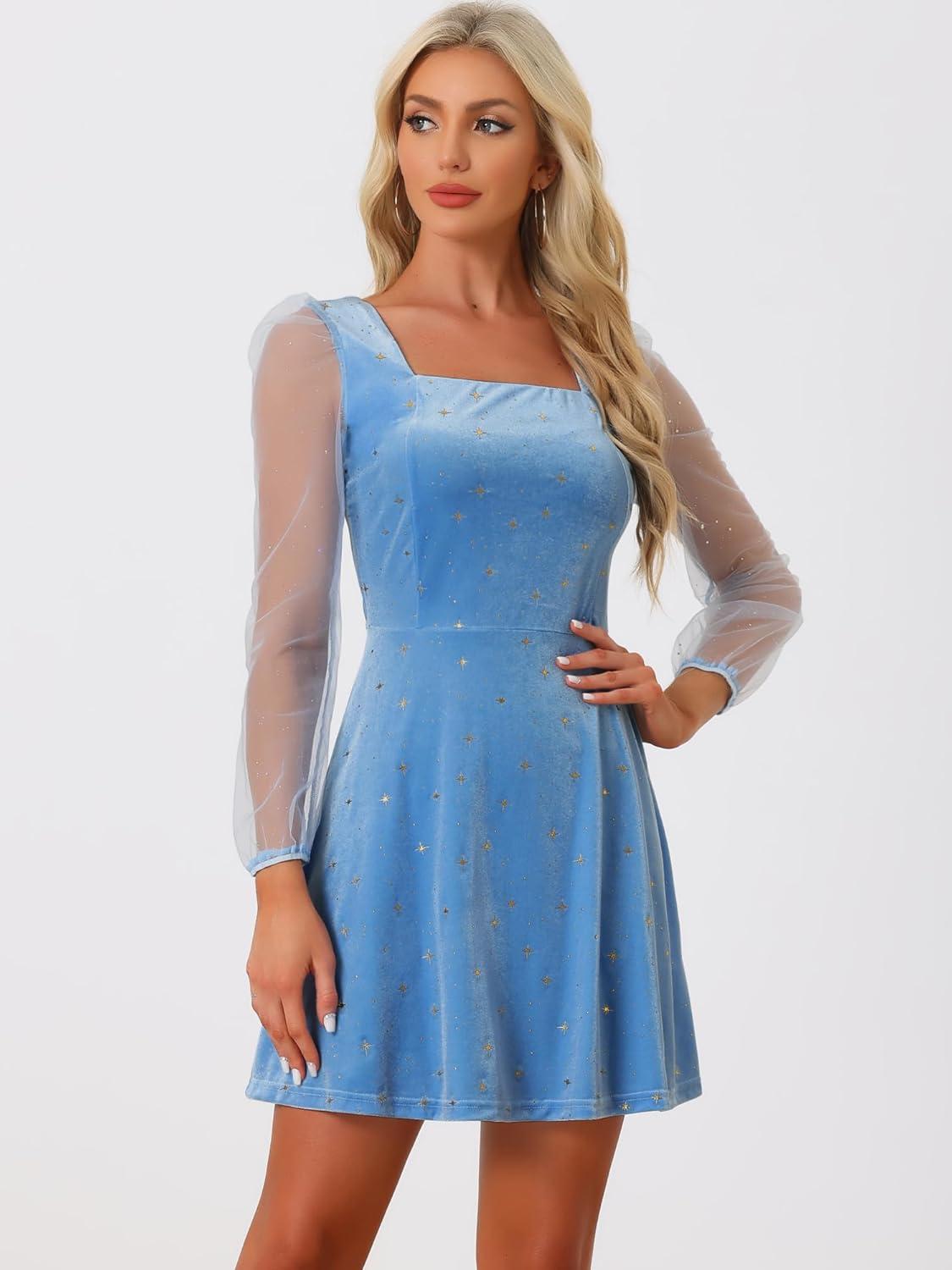 imageAllegra K Womens Sparkly Glitter Velvet Mesh Sheer Sleeve Star Metallic DressSky Blue