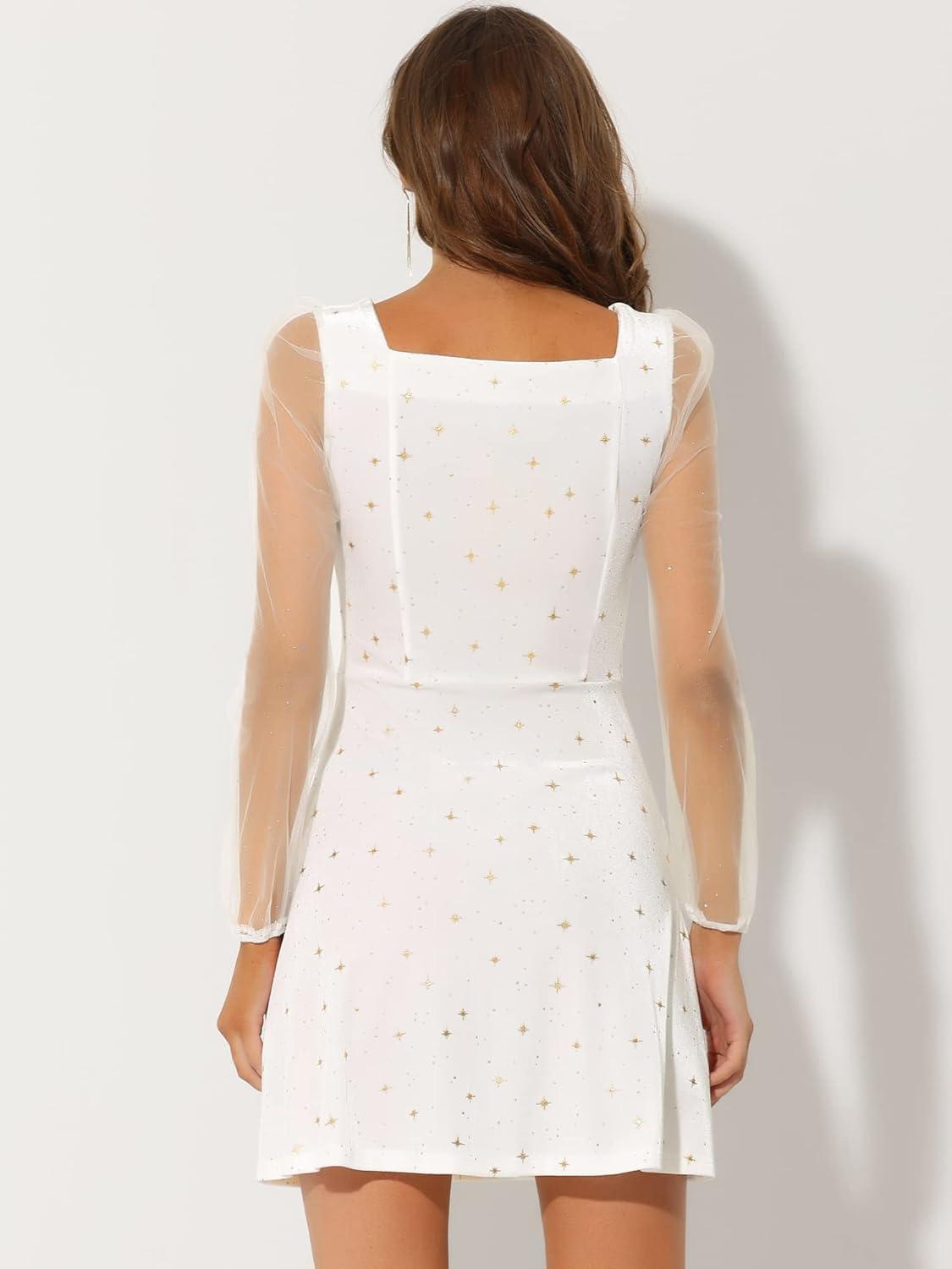imageAllegra K Womens Sparkly Glitter Velvet Mesh Sheer Sleeve Star Metallic DressWhite