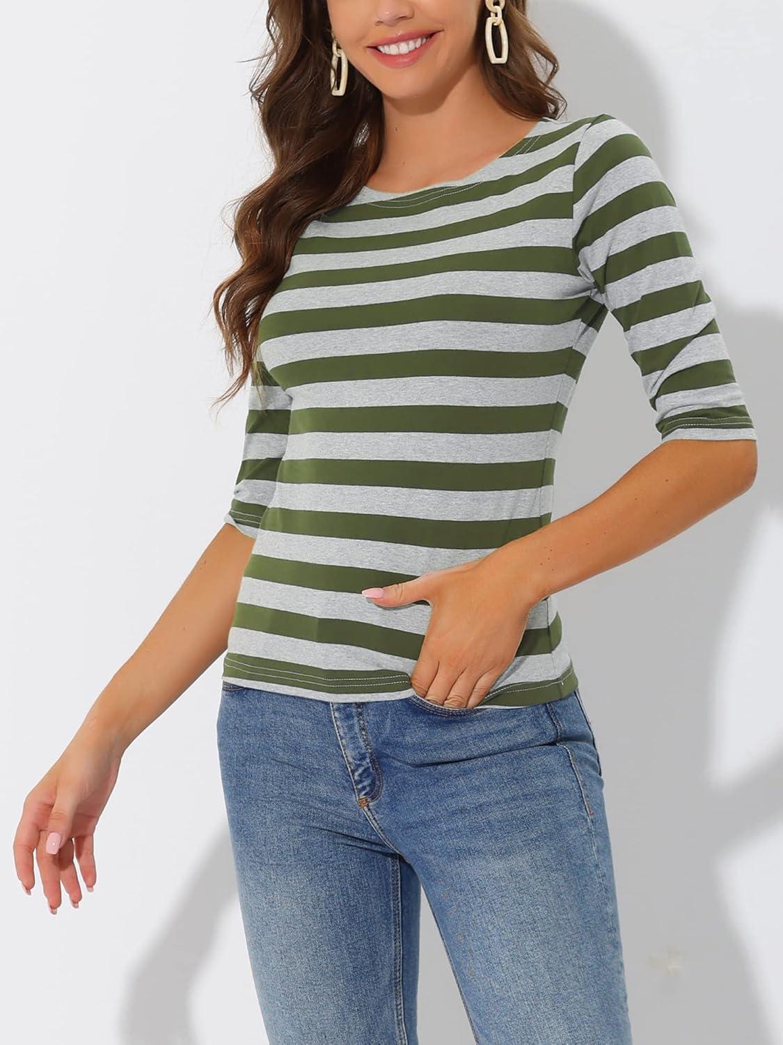 imageAllegra K Womens Striped Top Round Neck Tops Casual Long Sleeve ShirtArmy Green Grey