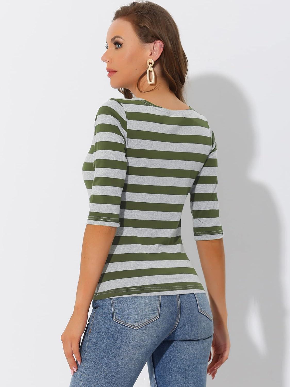 imageAllegra K Womens Striped Top Round Neck Tops Casual Long Sleeve ShirtArmy Green Grey