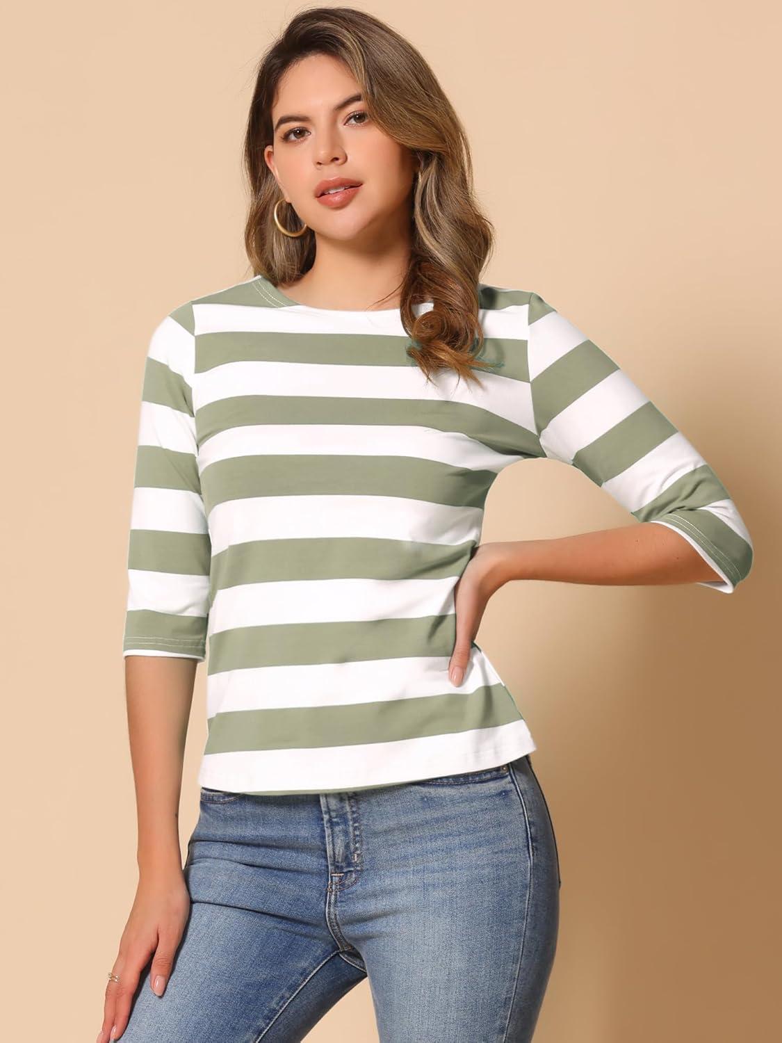 imageAllegra K Womens Striped Top Round Neck Tops Casual Long Sleeve ShirtBean Green White