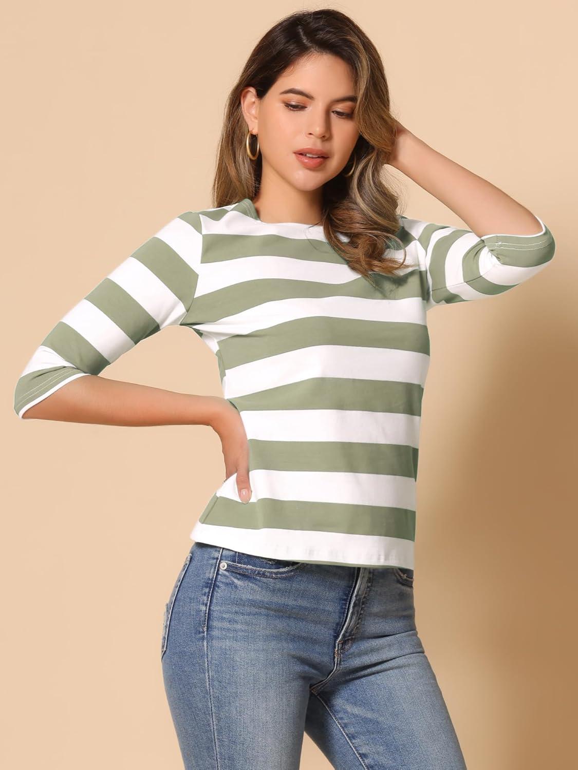 imageAllegra K Womens Striped Top Round Neck Tops Casual Long Sleeve ShirtBean Green White