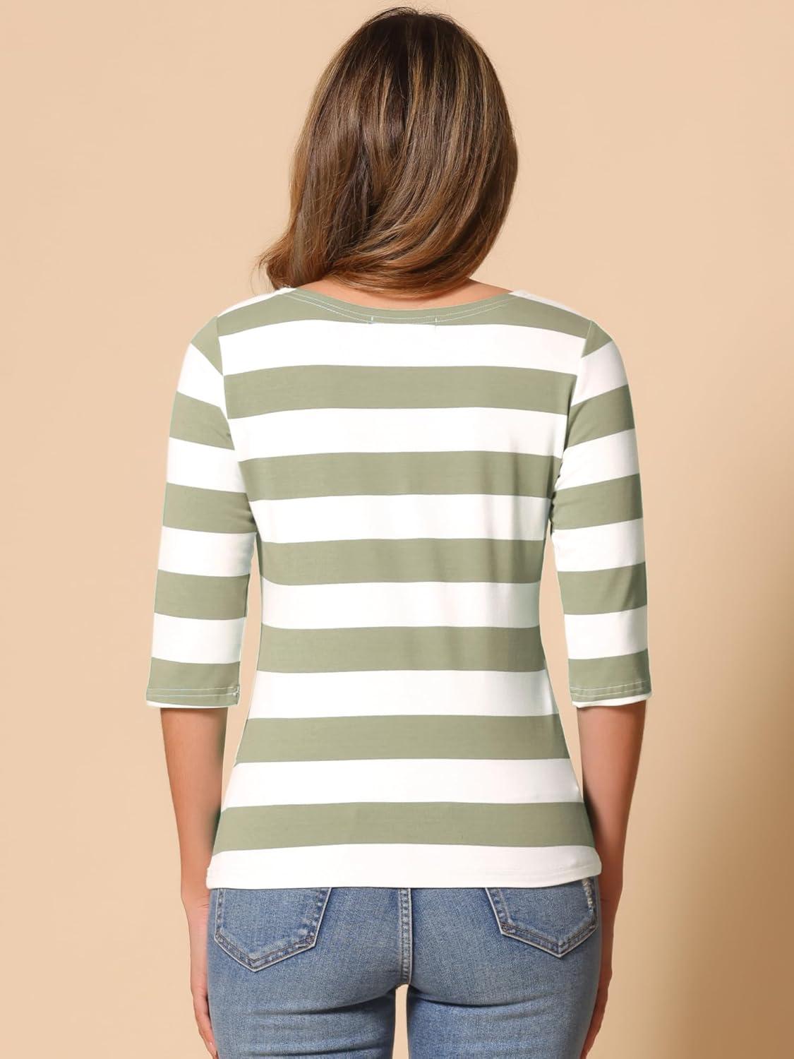 imageAllegra K Womens Striped Top Round Neck Tops Casual Long Sleeve ShirtBean Green White