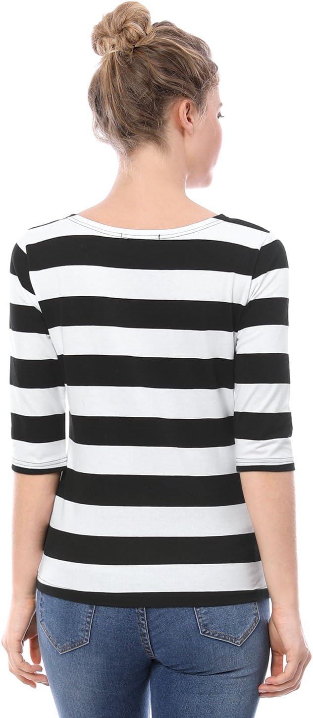 imageAllegra K Womens Striped Top Round Neck Tops Casual Long Sleeve ShirtBlack White