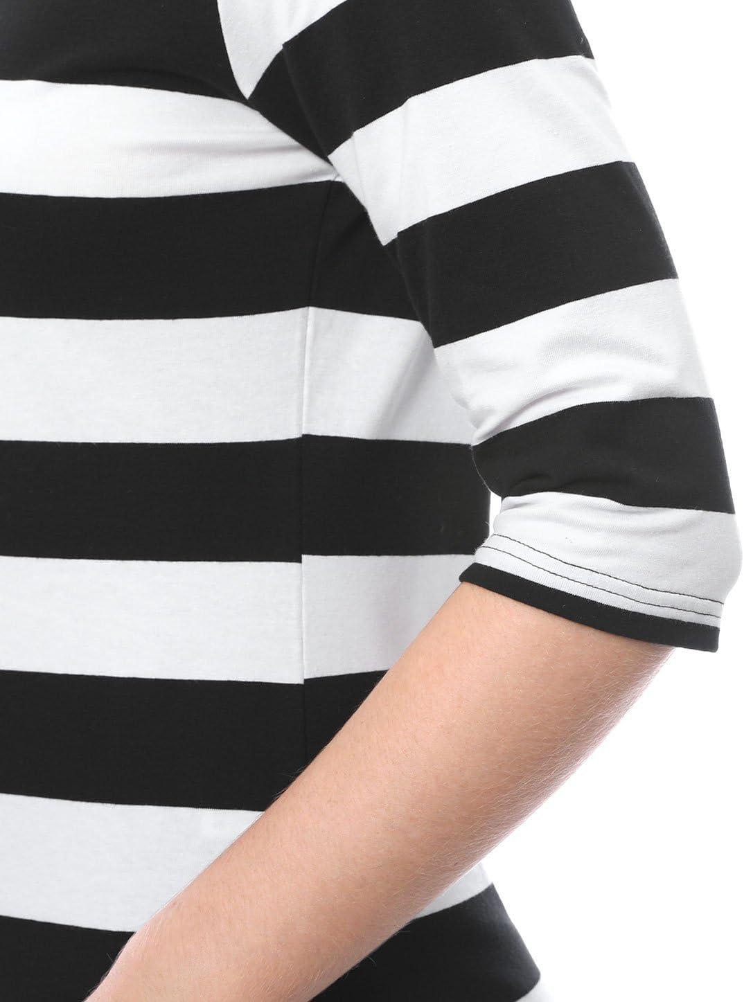 imageAllegra K Womens Striped Top Round Neck Tops Casual Long Sleeve ShirtBlack White