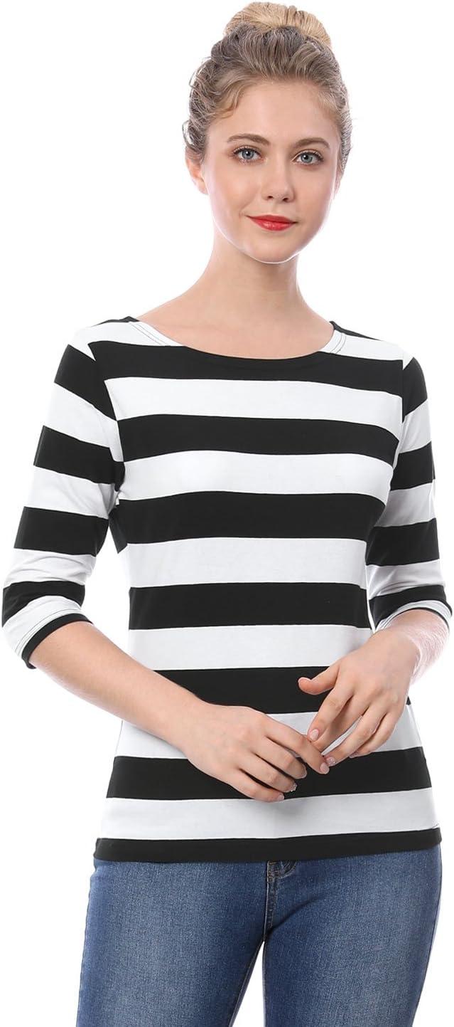 imageAllegra K Womens Striped Top Round Neck Tops Casual Long Sleeve ShirtBlack White