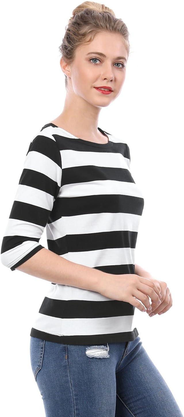 imageAllegra K Womens Striped Top Round Neck Tops Casual Long Sleeve ShirtBlack White