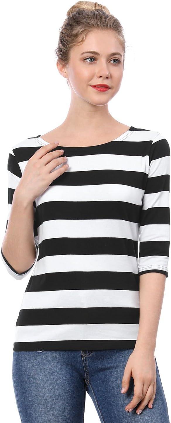 imageAllegra K Womens Striped Top Round Neck Tops Casual Long Sleeve ShirtBlack White