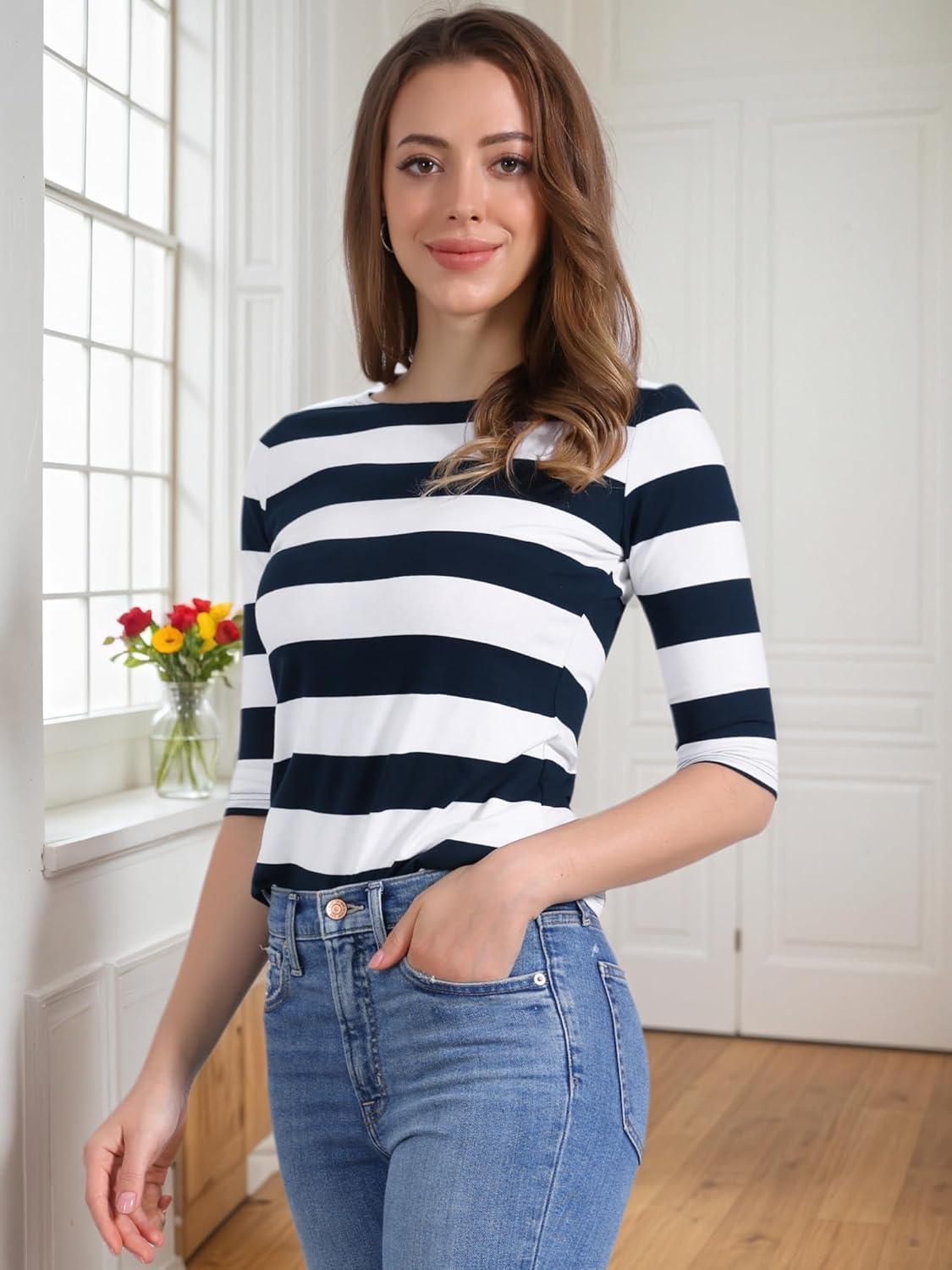 imageAllegra K Womens Striped Top Round Neck Tops Casual Long Sleeve ShirtBlue