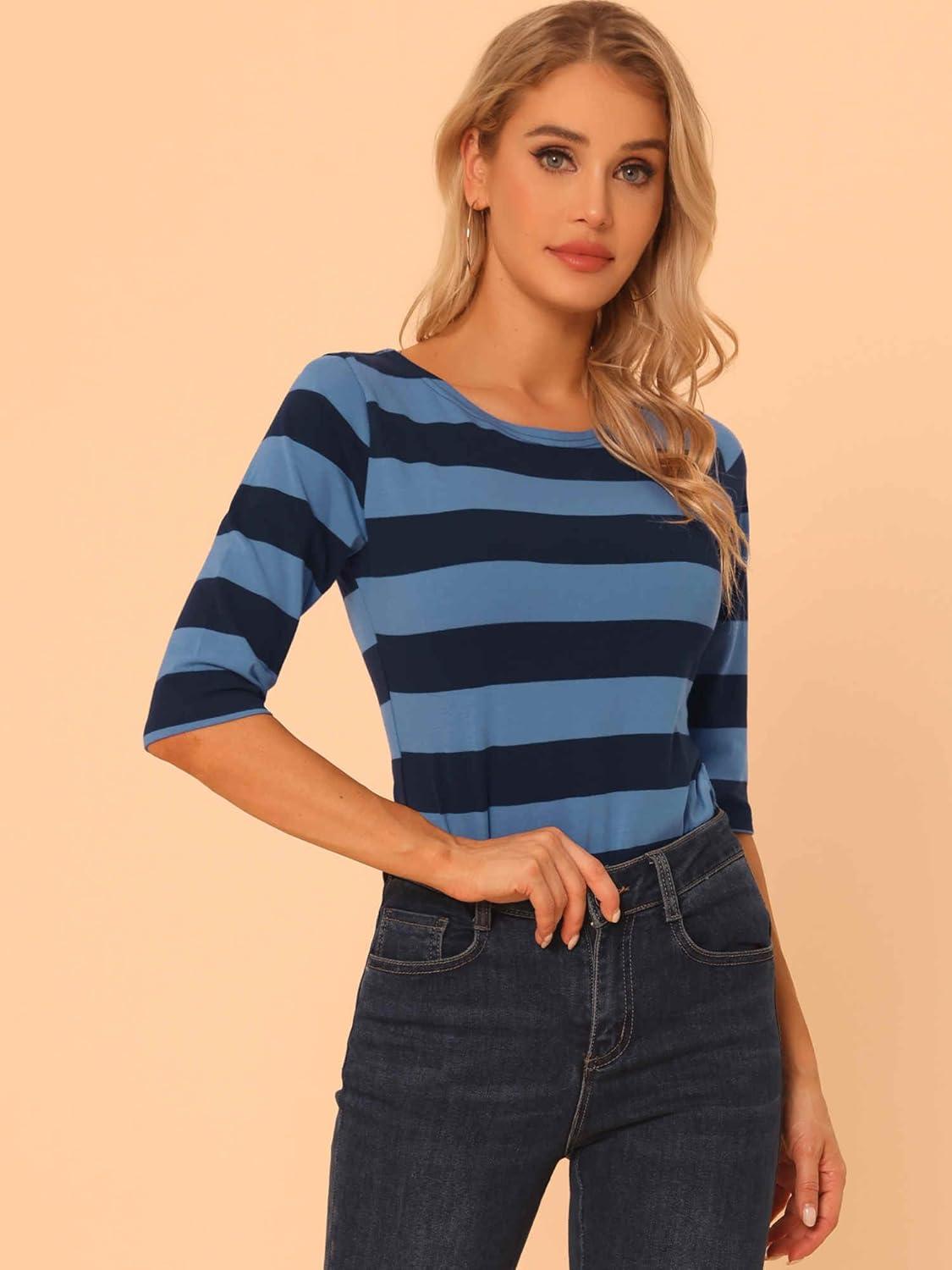 imageAllegra K Womens Striped Top Round Neck Tops Casual Long Sleeve ShirtBlue Dark Blue
