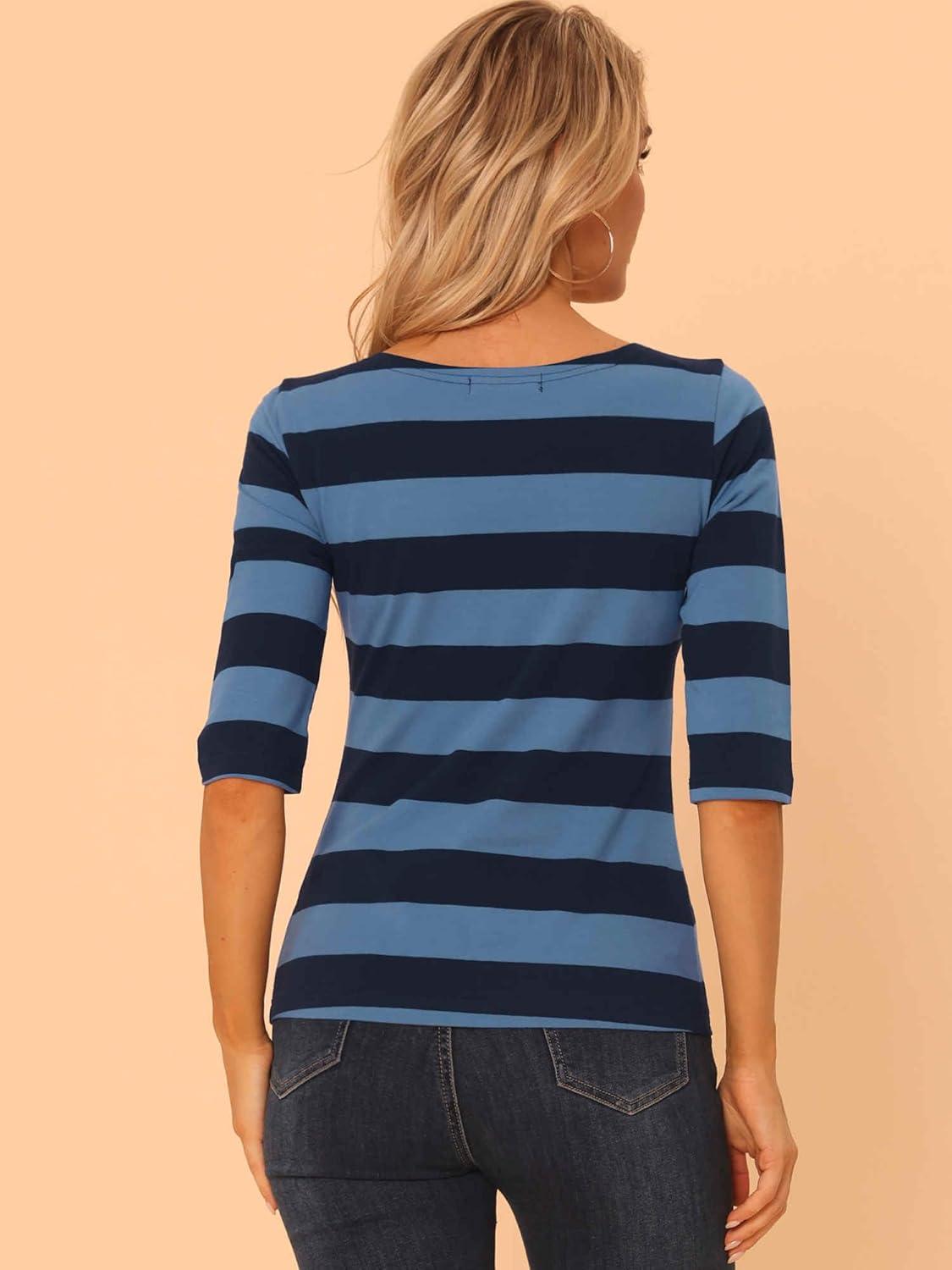imageAllegra K Womens Striped Top Round Neck Tops Casual Long Sleeve ShirtBlue Dark Blue