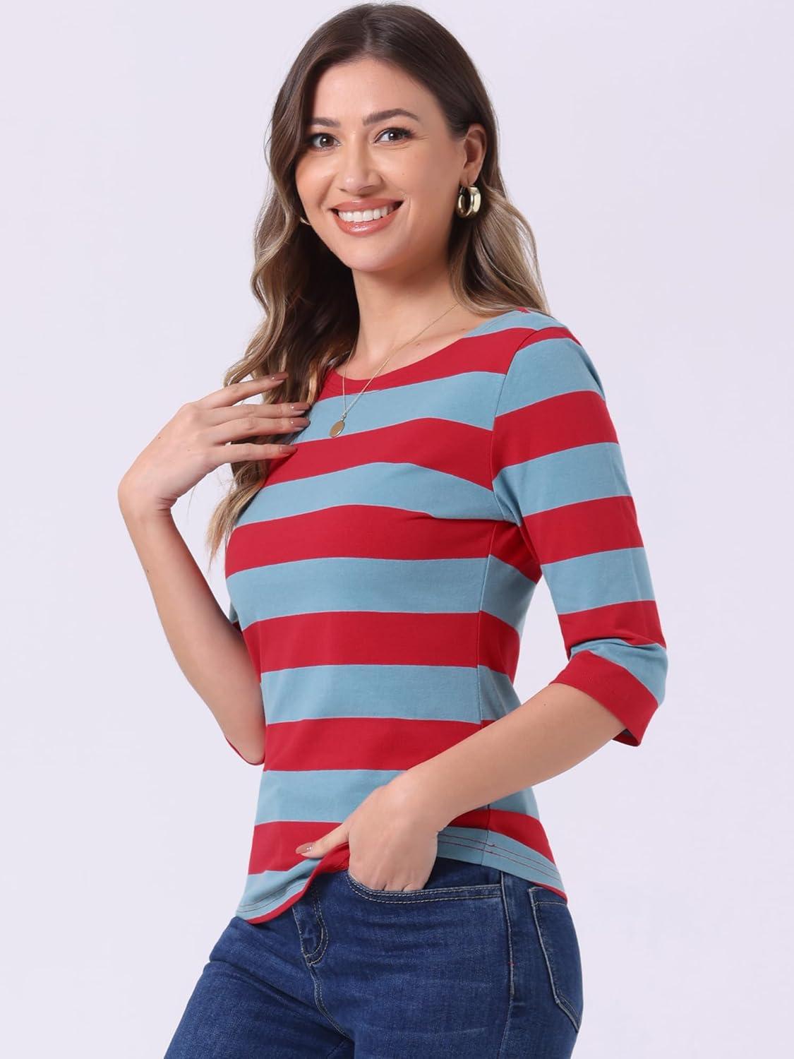 imageAllegra K Womens Striped Top Round Neck Tops Casual Long Sleeve ShirtBlue Red