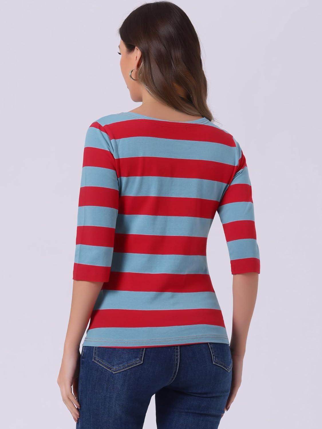 imageAllegra K Womens Striped Top Round Neck Tops Casual Long Sleeve ShirtBlue Red
