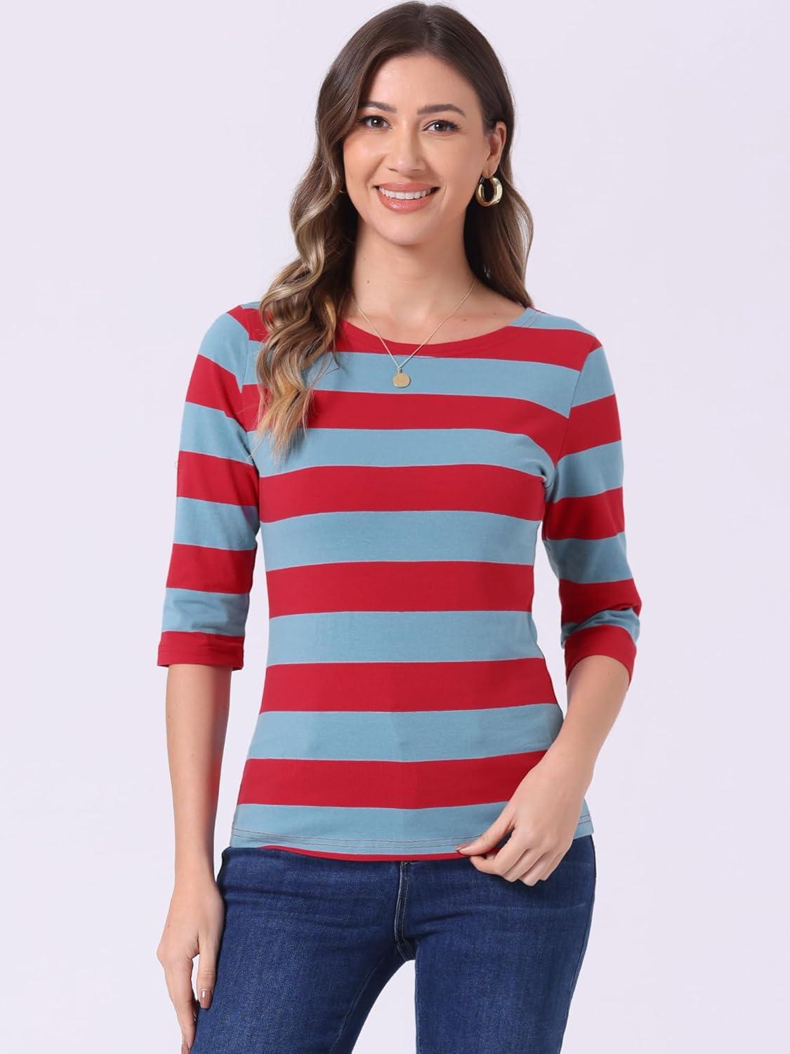 imageAllegra K Womens Striped Top Round Neck Tops Casual Long Sleeve ShirtBlue Red