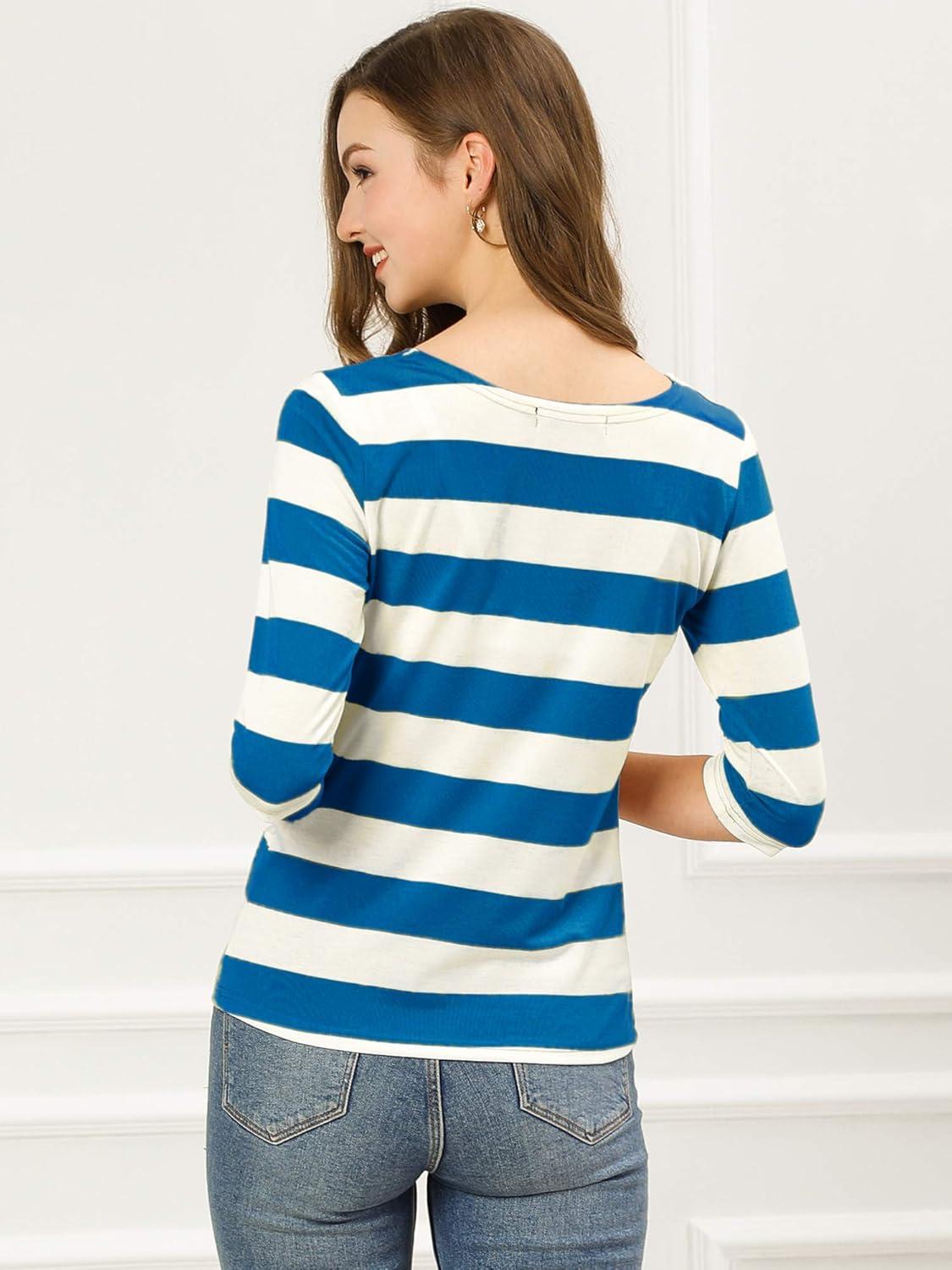 imageAllegra K Womens Striped Top Round Neck Tops Casual Long Sleeve ShirtBlue White