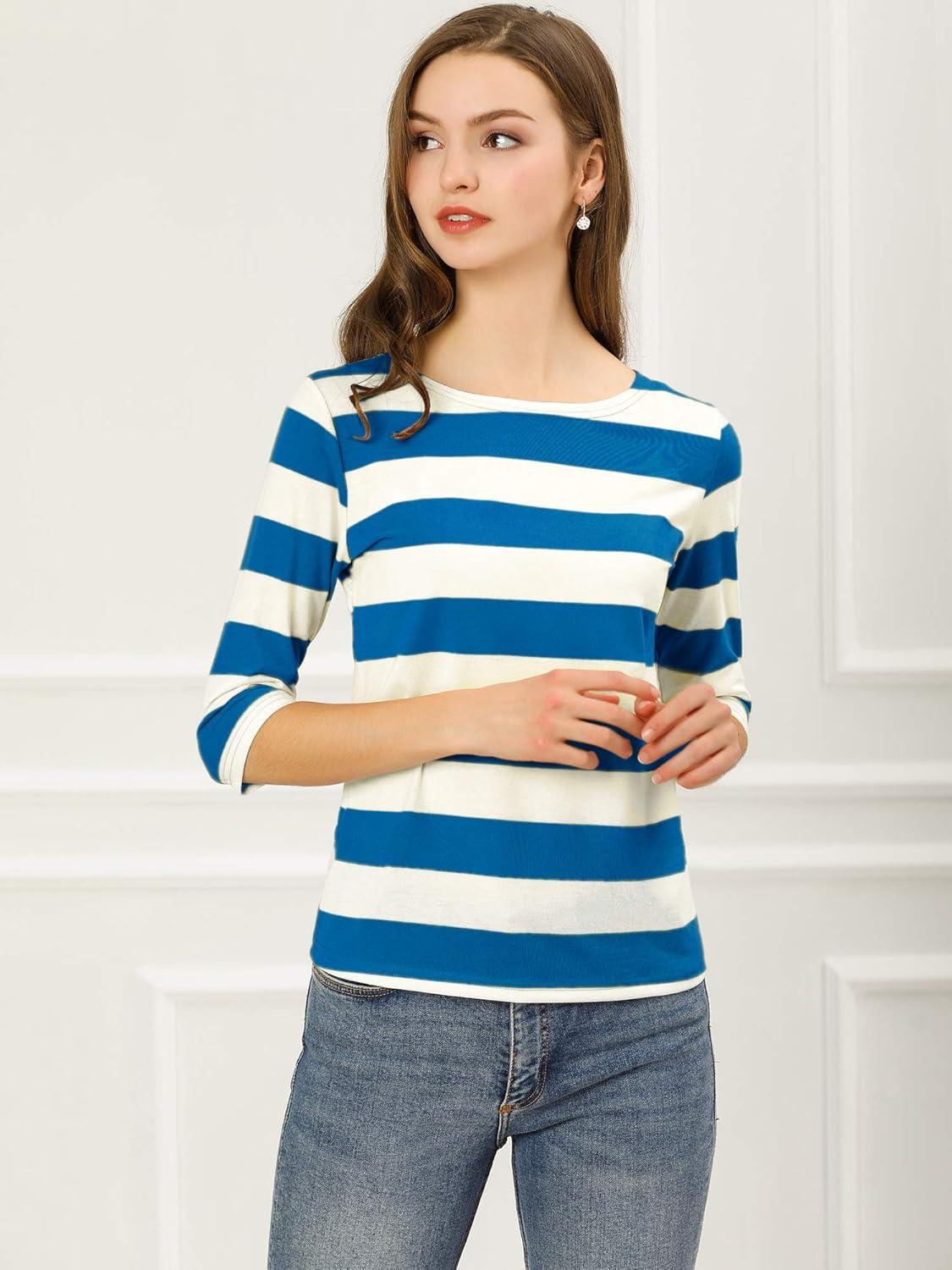 imageAllegra K Womens Striped Top Round Neck Tops Casual Long Sleeve ShirtBlue White