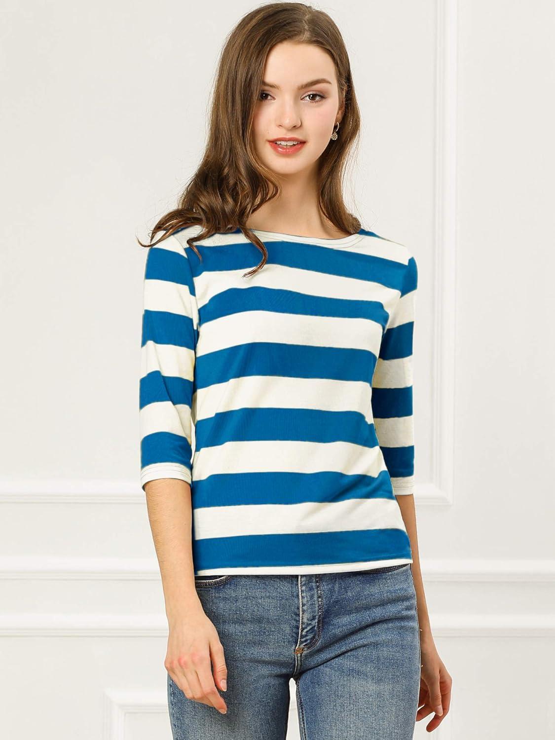 imageAllegra K Womens Striped Top Round Neck Tops Casual Long Sleeve ShirtBlue White