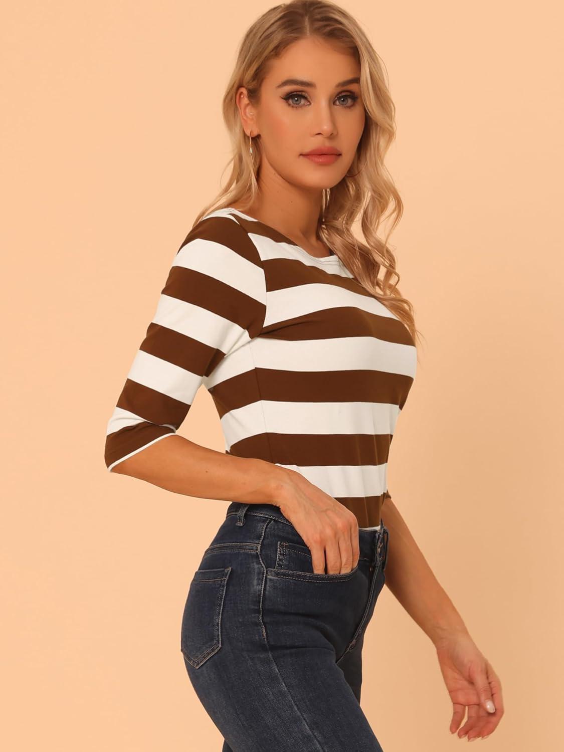 imageAllegra K Womens Striped Top Round Neck Tops Casual Long Sleeve ShirtBrown